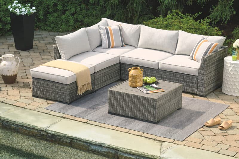 Cherry - Gray - Loveseat Sectional Ottoman and Table Set